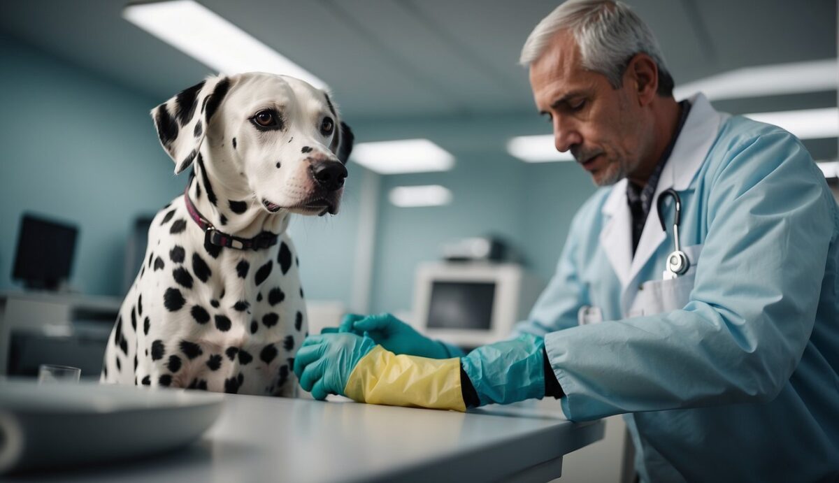 A Dalmatian receiving vaccinations from a veterinarian in a clinic setting