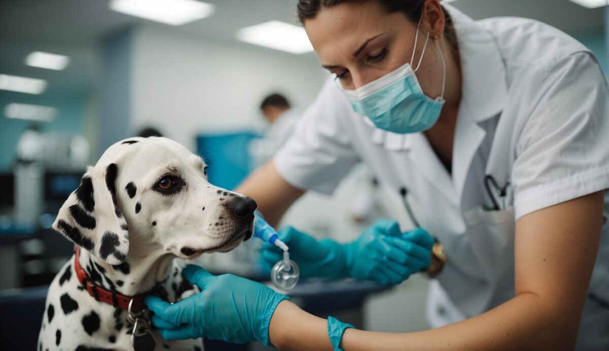 A Dalmatian receiving a vaccine from a veterinarian in a clinic setting