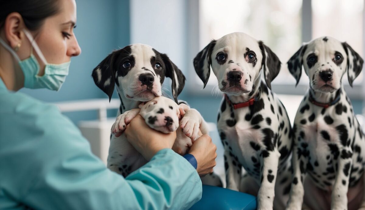A group of Dalmatian puppies receiving vaccinations from a veterinarian in a clean, well-lit clinic. The puppies are calm and well-behaved as the veterinarian administers the vaccines according to the recommended schedule