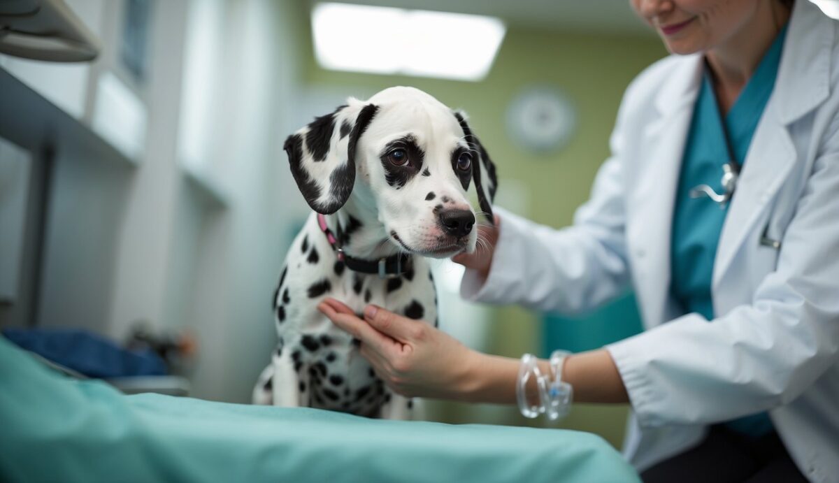 A Dalmatian puppy receiving vaccinations from a veterinarian in a bright and clean clinic setting