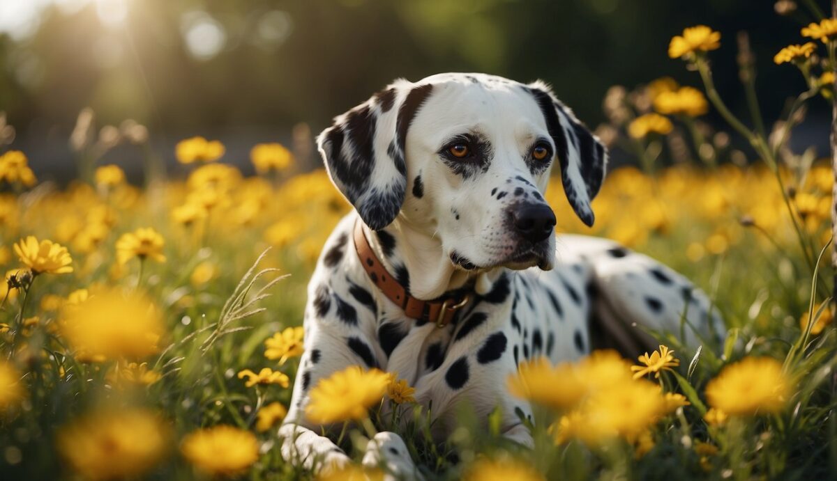 A Dalmatian lies on a grassy field, surrounded by vibrant yellow flowers. Its coat is shiny and healthy, reflecting the sunlight. The dog looks alert and content, with a strong and muscular build