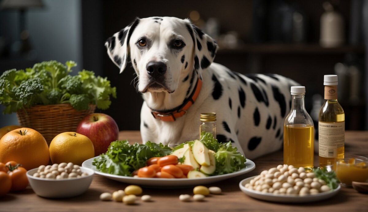 A Dalmatian dog is surrounded by liver-healthy foods and supplements. It is exercising and drinking plenty of water, while avoiding alcohol and fatty foods