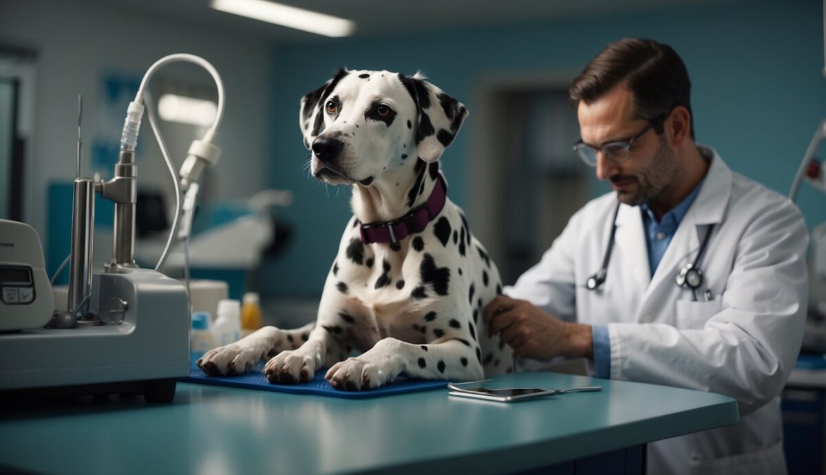 A Dalmatian lays on a vet table, surrounded by medical equipment. A technician collects blood samples while a veterinarian examines the dog's abdomen