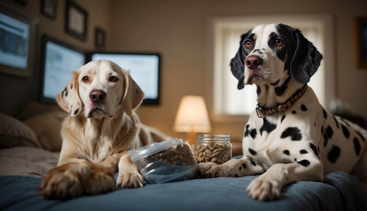 A veterinarian administers medication to a Dalmatian with liver disease, while another Dalmatian rests in a cozy bed nearby. A liver health chart hangs on the wall