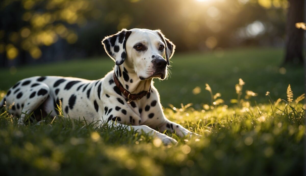 A Dalmatian lounges on a grassy hill, surrounded by vibrant greenery. The sun shines down, casting a warm glow on the dog's sleek coat. The Dalmatian looks content and healthy, exuding vitality and vigor