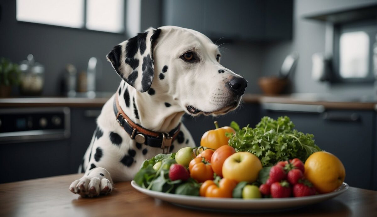 A Dalmatian with a healthy liver, surrounded by a balanced diet, exercise, and regular vet check-ups