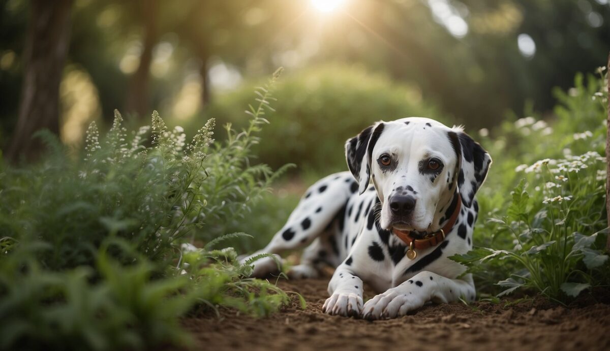 A Dalmatian lounges in a peaceful, natural setting, surrounded by liver-friendly herbs and plants. The scene exudes a sense of calm and well-being, emphasizing holistic liver health management