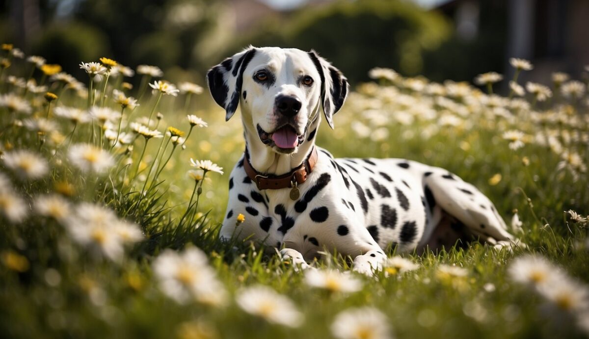 A Dalmatian lounges on a lush green lawn, surrounded by vibrant flowers. A clear blue sky and a warm, sunny day create a peaceful setting