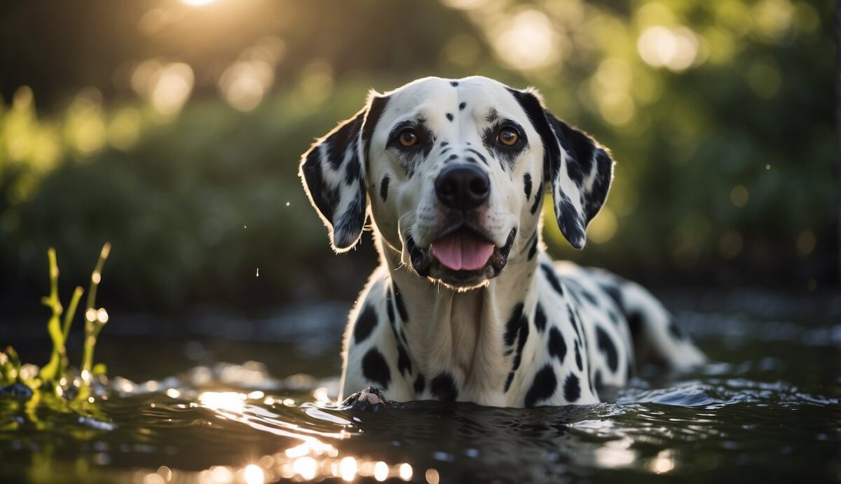 A Dalmatian with a healthy kidney function, showing signs of energy and vitality, with a clear and shiny coat, and drinking water regularly