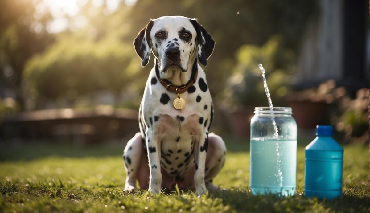 A Dalmatian with droopy ears and a sad expression, urinating frequently and drinking excessive water, while a concerned owner looks on