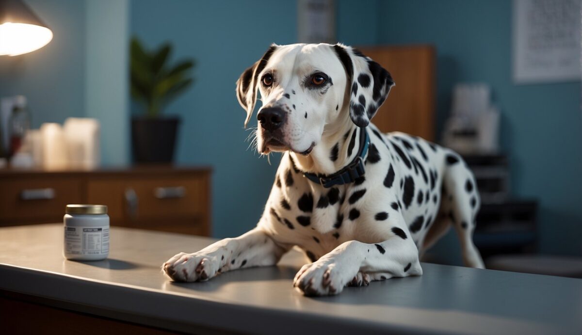 A Dalmatian lies on a vet's examination table. A chart shows kidney function signs. Medications and dietary supplements are nearby