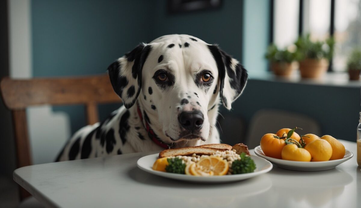 A Dalmatian with kidney issues is shown eating a specialized diet. A vet monitors its kidney function and provides support strategies