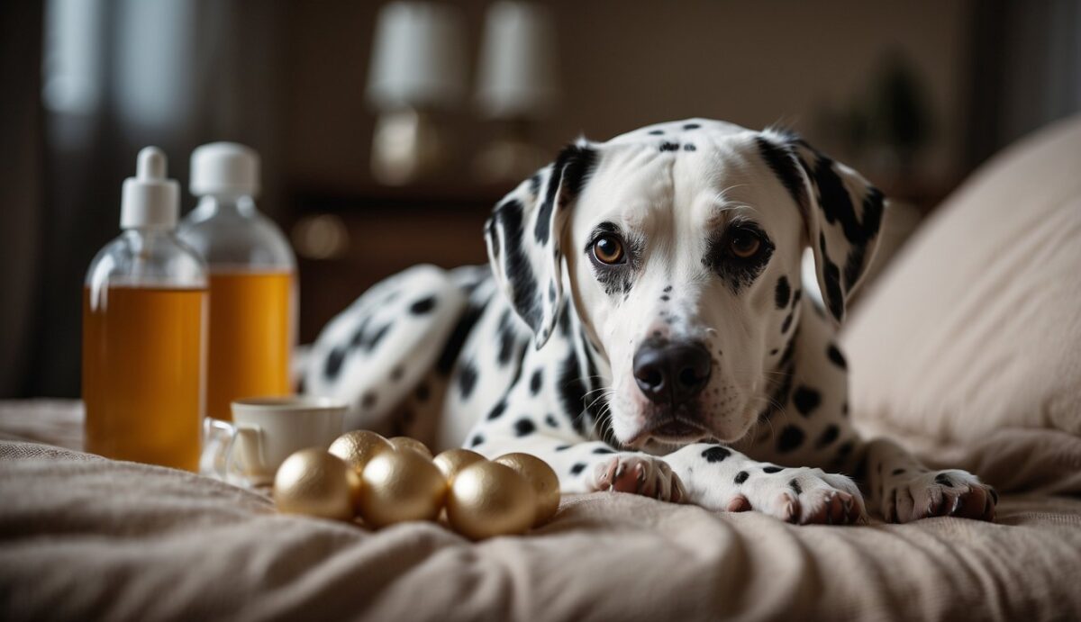 A Dalmatian lounges on a cozy bed, surrounded by supportive care items such as medication, water bowls, and a kidney-friendly diet