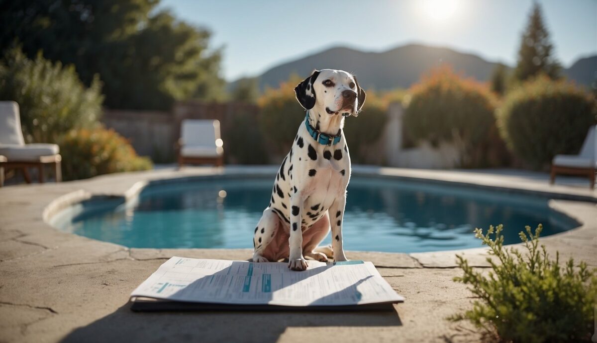 A Dalmatian stands near a kidney-shaped pool, looking uncomfortable. A vet holds a chart, explaining treatment options