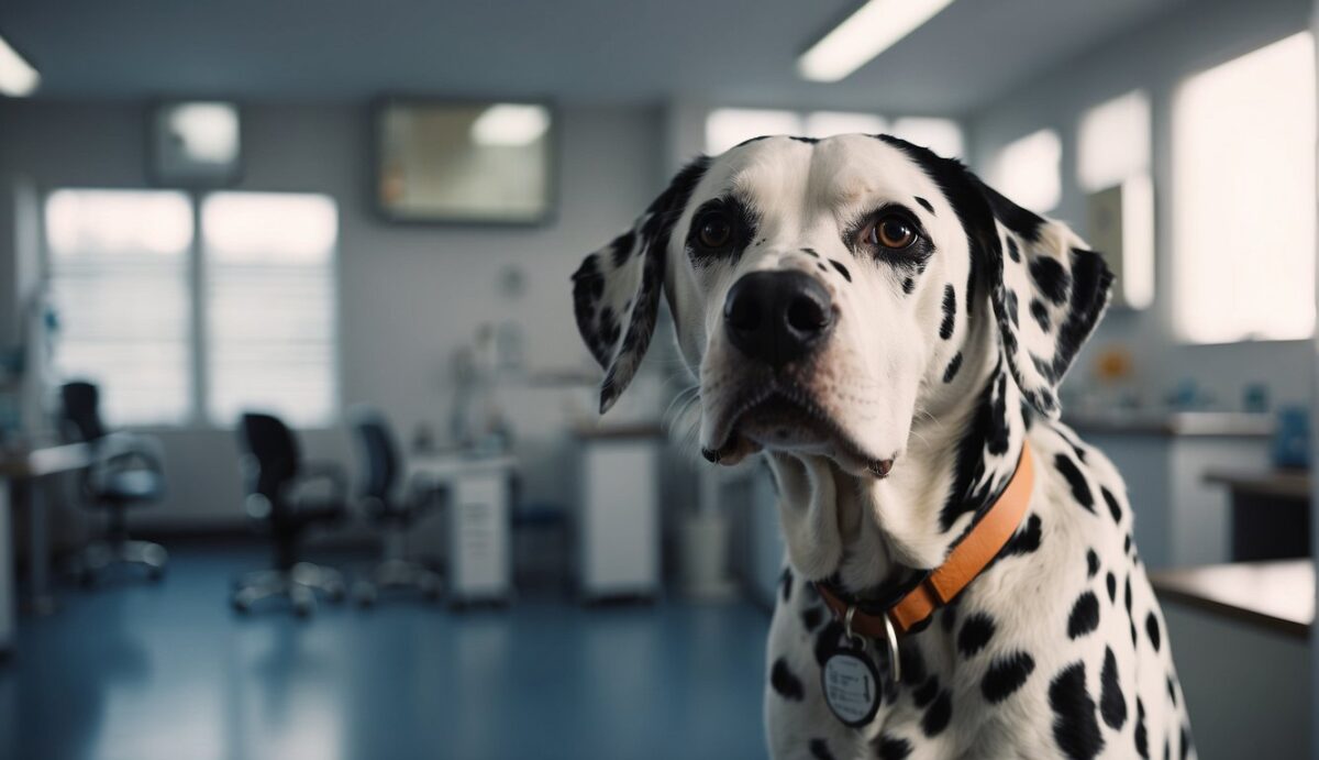 A Dalmatian stands in a veterinary clinic. A kidney diagram is displayed behind it. The vet points to signs of dysfunction and support strategies on the chart
