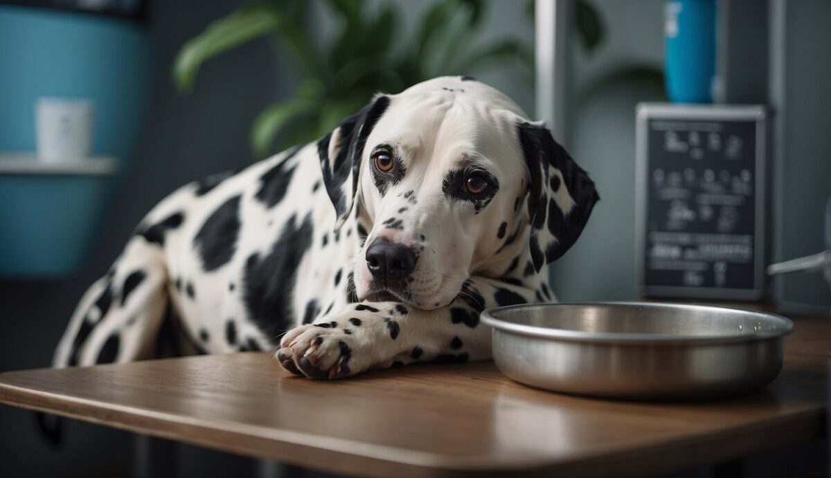 A Dalmatian lies beside a water bowl, looking lethargic. A vet examines its abdomen while another administers medication. A chart on the wall lists kidney dysfunction signs