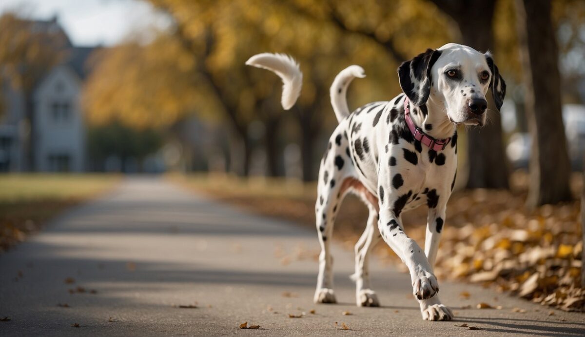 A Dalmatian limps while walking, favoring one leg. The dog's joints appear swollen and painful, causing discomfort and difficulty moving