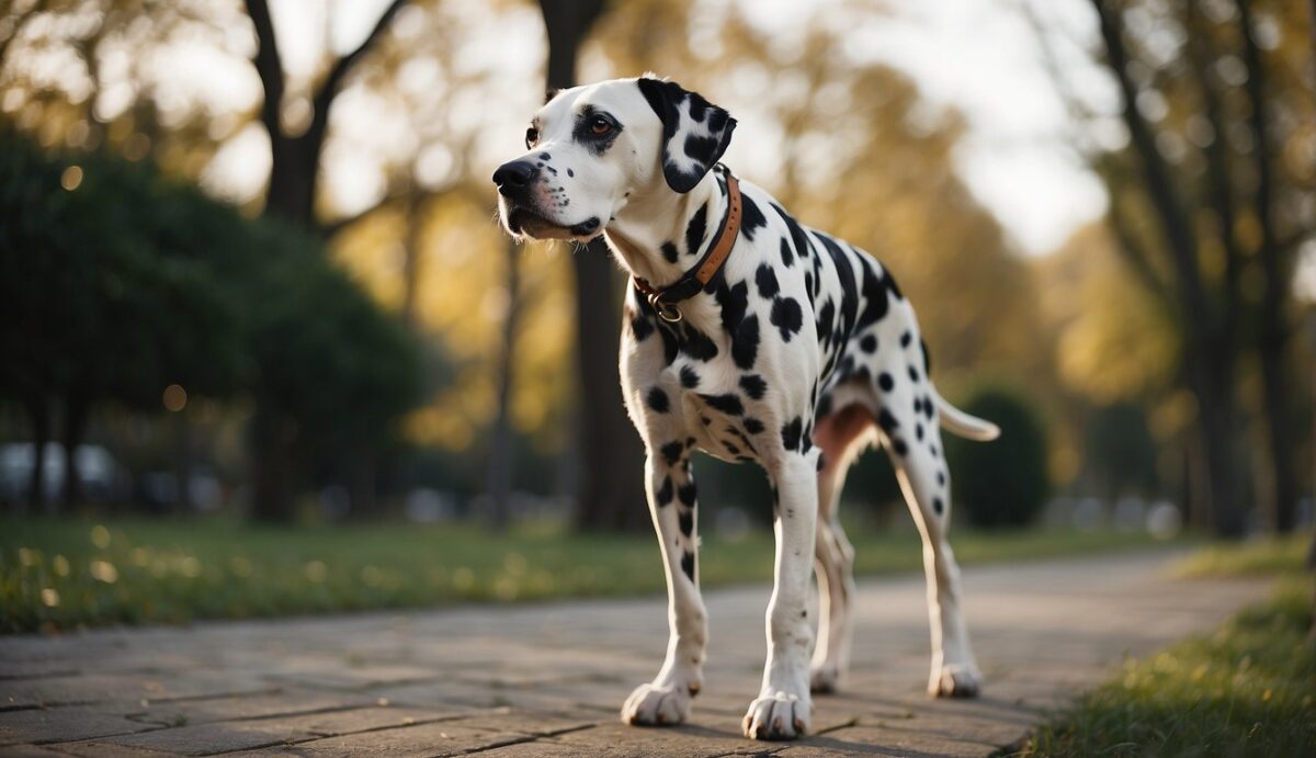 A Dalmatian limps while walking, favoring one leg. Its joints appear swollen and stiff, causing discomfort