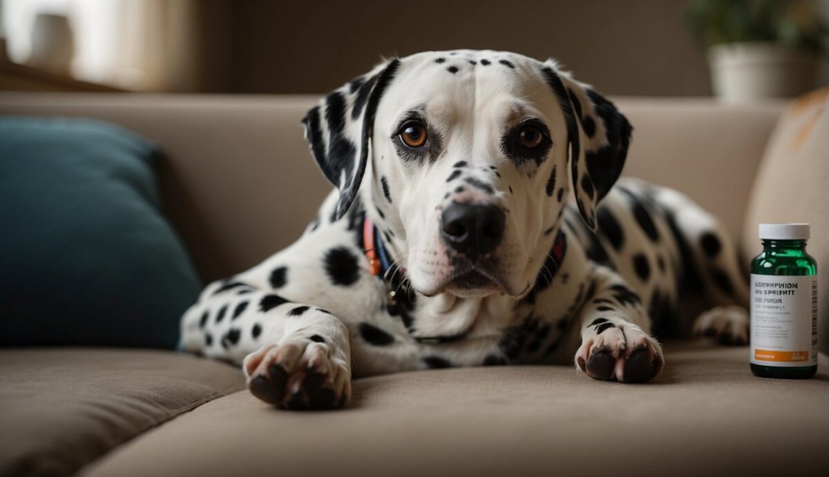 A Dalmatian lies on a cushion, favoring a front paw. A bottle of joint supplements sits nearby, along with a leash and a dog bowl