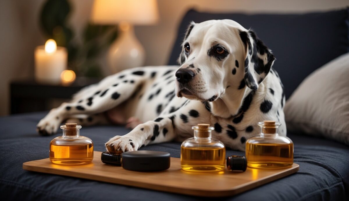 A Dalmatian lies on a cushion, surrounded by essential oils, a heating pad, and a gentle massage tool for managing joint pain
