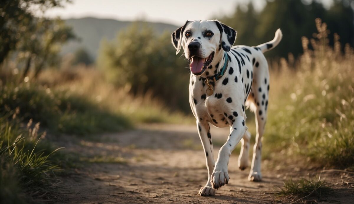 A Dalmatian walks with a slight limp, favoring its hind leg. The dog's expression shows discomfort as it struggles to move