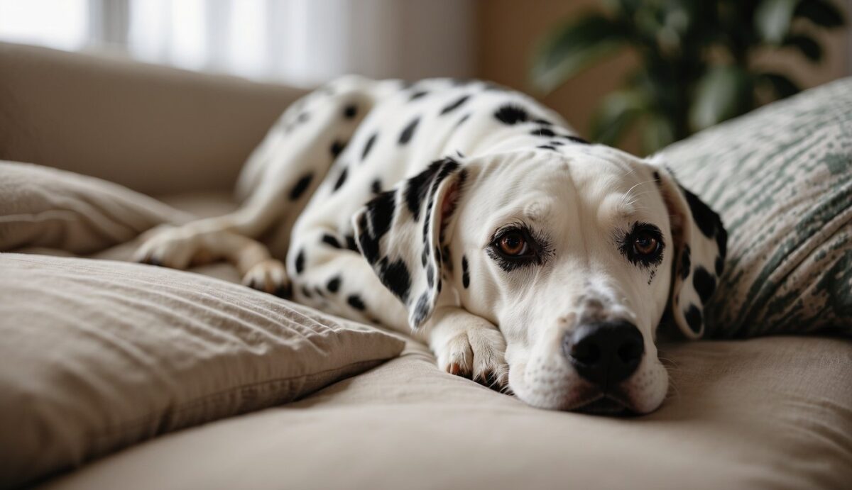 A Dalmatian lays on a soft bed, surrounded by supportive pillows. A gentle hand offers a comforting touch while a bowl of water and a bottle of medication sit nearby