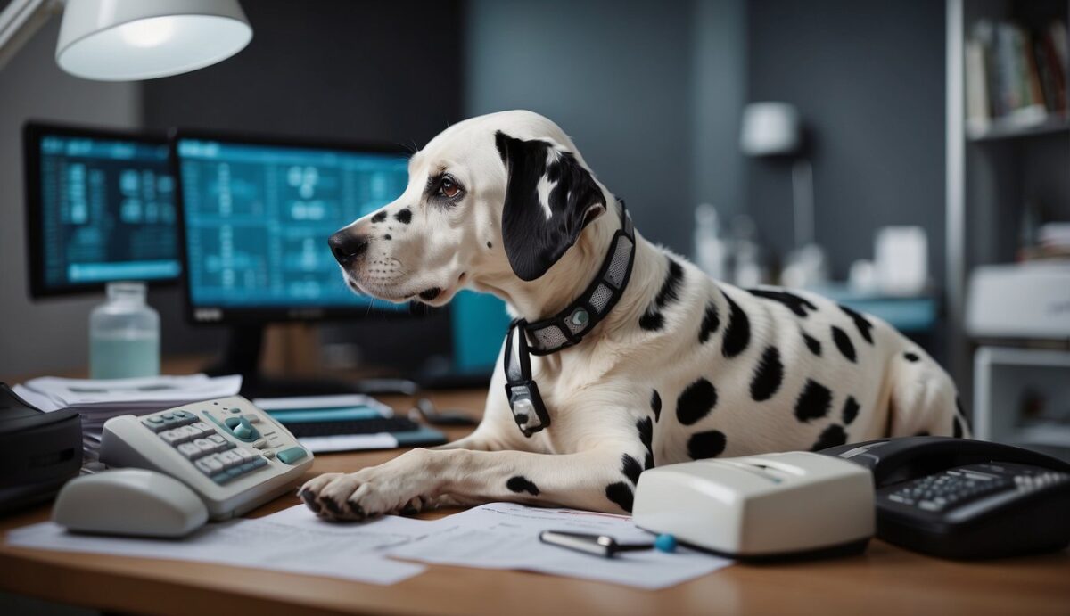 A Dalmatian with a limp, surrounded by medical equipment and research papers on arthritis treatment