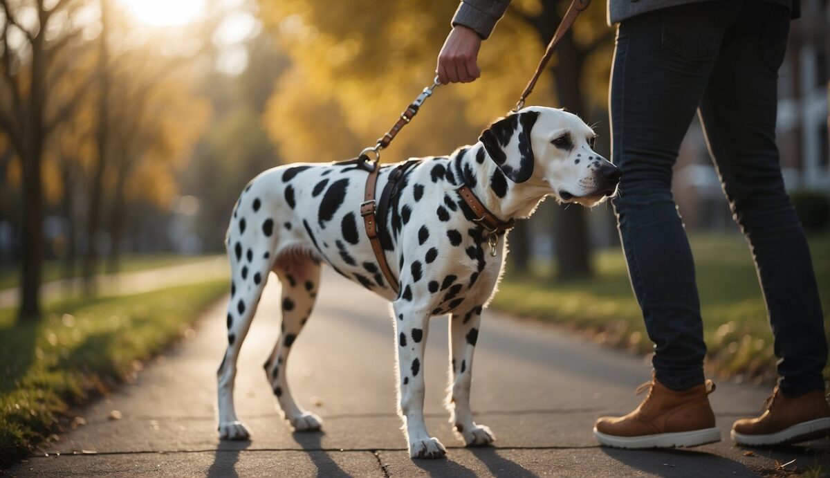 A Dalmatian dog limps while walking, favoring one leg. The dog's joints appear swollen and painful. A concerned owner observes the dog's discomfort