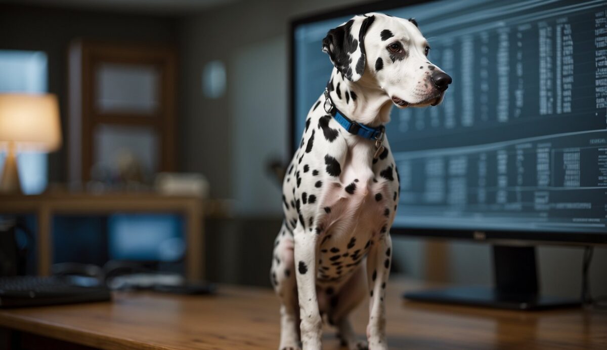 A Dalmatian dog with a spotted coat stands alert, with a concerned expression. A veterinarian examines the dog, pointing to a chart displaying different types of cancer