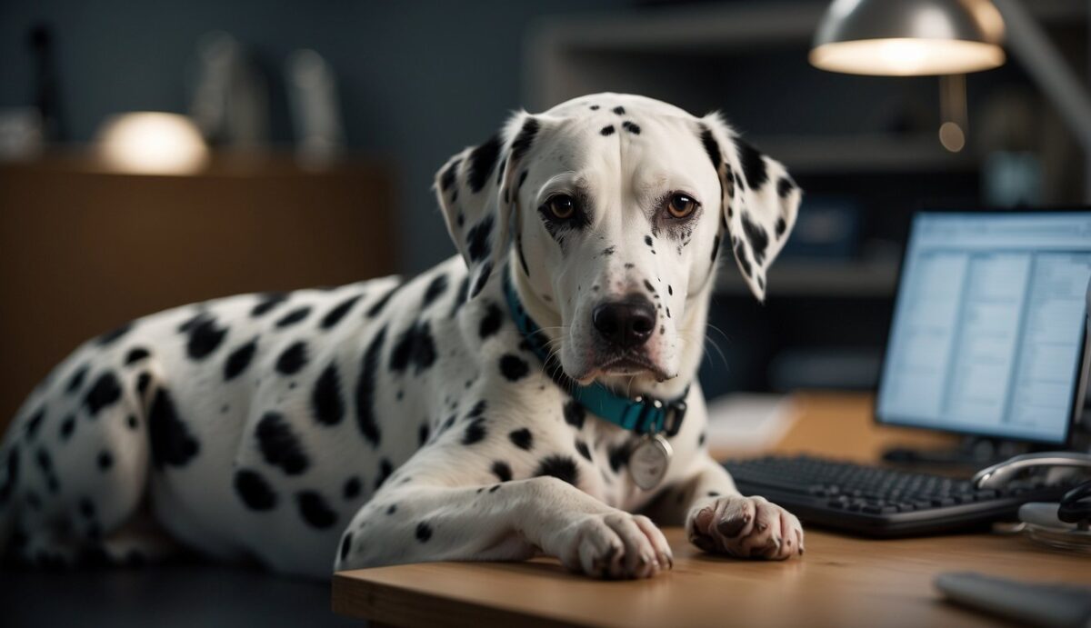 A Dalmatian with a sad expression, showing signs of illness. A vet is examining the dog, while charts and medical equipment are visible in the background