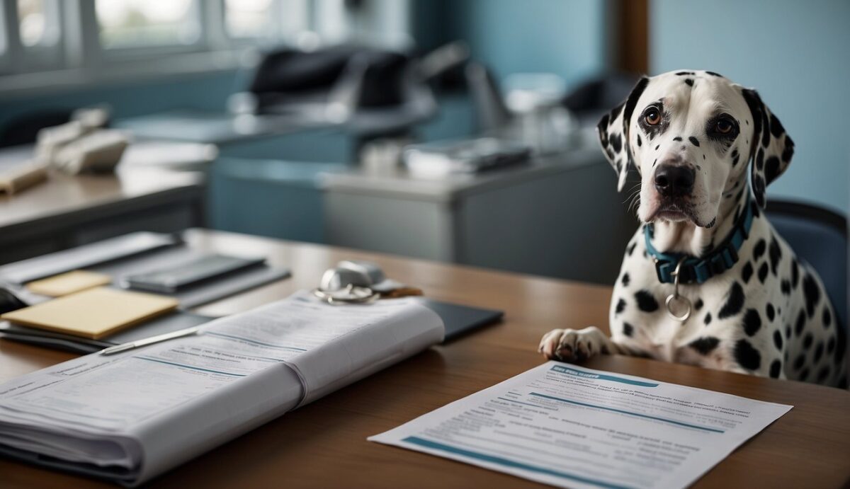 A Dalmatian dog lays on a veterinarian's table, showing signs of cancer. The vet points to a chart listing common types and treatment options