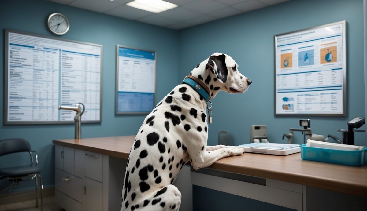 A Dalmatian dog sits in a veterinary clinic, with a doctor examining it. Charts and diagrams of cancer types and treatment options are on the wall