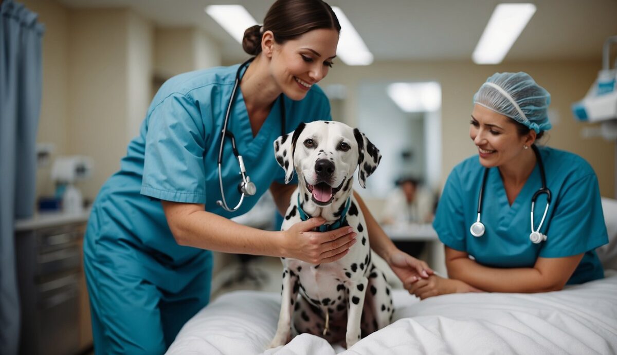 A Dalmatian dog receiving supportive care for cancer, surrounded by a caring vet team, and a peaceful and comforting environment