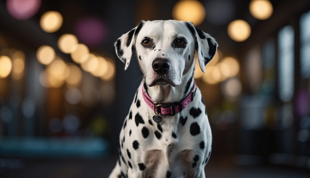 A Dalmatian stands alert, surrounded by warning signs of cancer. Treatment options loom in the background, emphasizing preventive measures and risk factor management