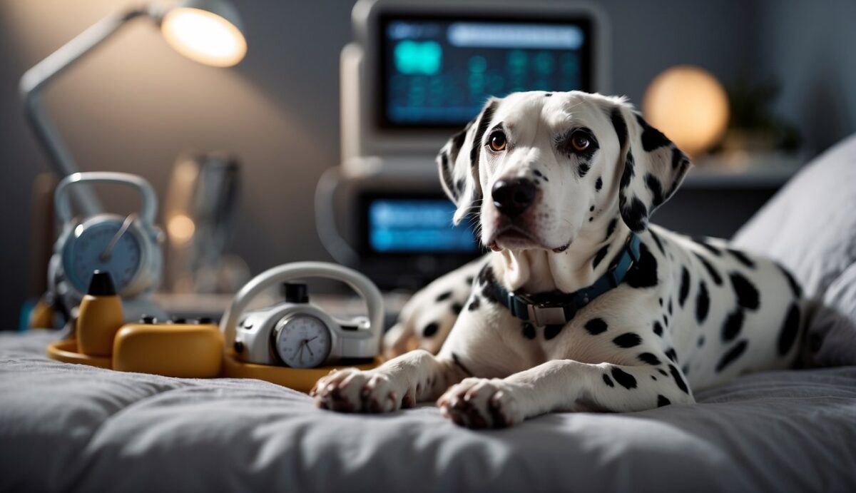 A Dalmatian rests on a cozy bed, surrounded by monitoring equipment and care items. A chart with cancer types and treatment options is visible nearby