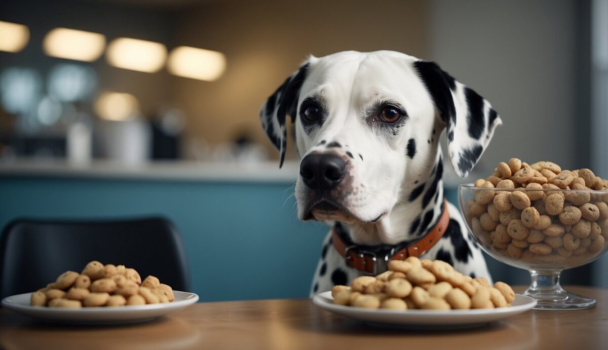 A dalmatian dog with a sad expression, surrounded by sugary treats and a water bowl. A vet's office in the background