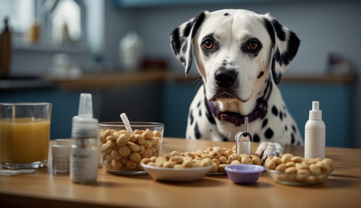 A Dalmatian dog with a sad expression, surrounded by sugary treats and a water bowl, while a veterinarian holds a glucometer and insulin syringe