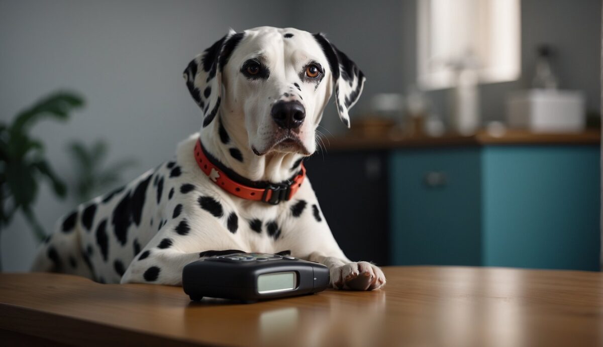 A Dalmatian dog with a medical collar sits next to a bowl of water and a blood glucose monitor on a table, while a veterinarian prepares an insulin injection