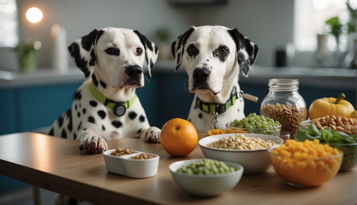 A Dalmatian dog is surrounded by a veterinarian, glucose meter, insulin, and healthy food bowls