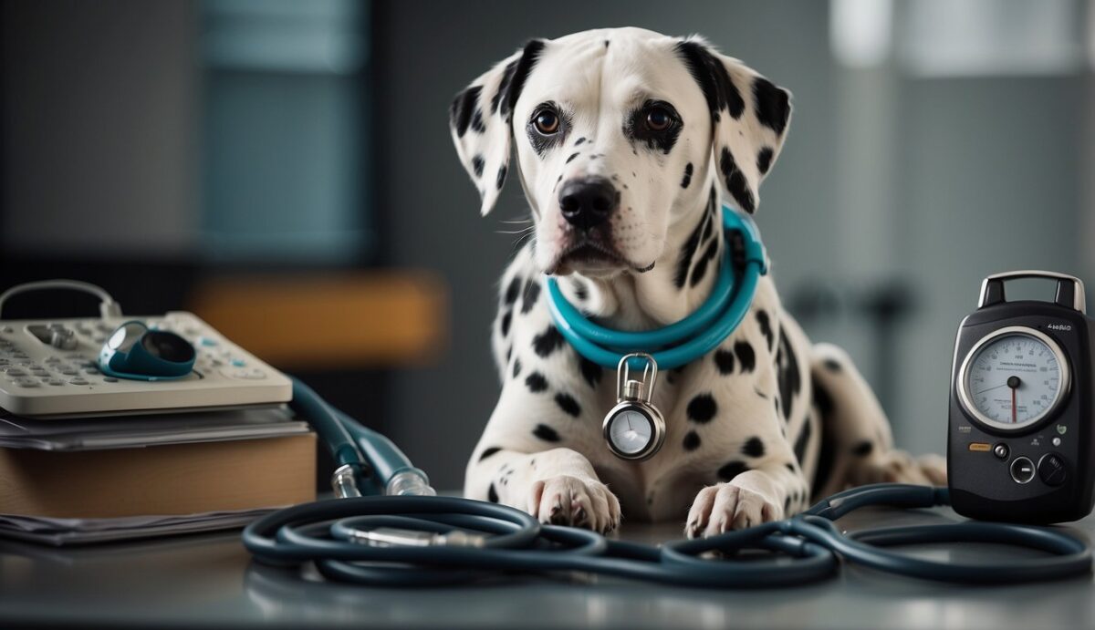 A Dalmatian dog with a stethoscope around its neck, surrounded by medical charts and glucose monitoring devices