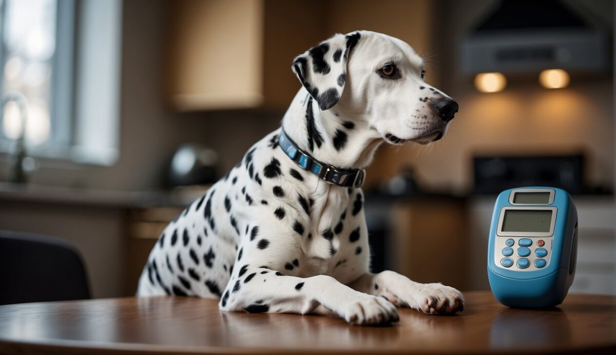 A Dalmatian stands alert, with a concerned expression. A blood sugar monitor and insulin vial are nearby. A bowl of water and healthy dog food are also present