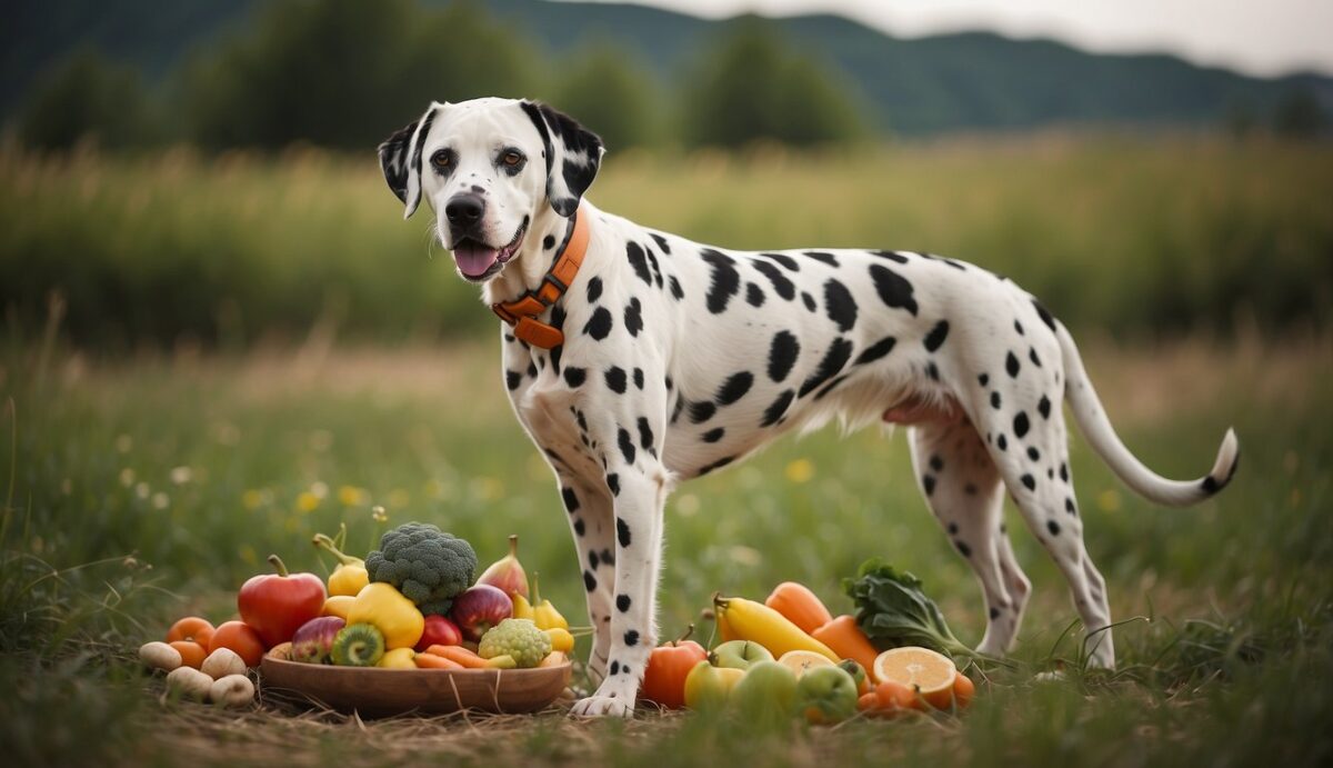A Dalmatian stands in a field, surrounded by healthy, colorful foods. Its digestive system is highlighted, showing the process of digestion