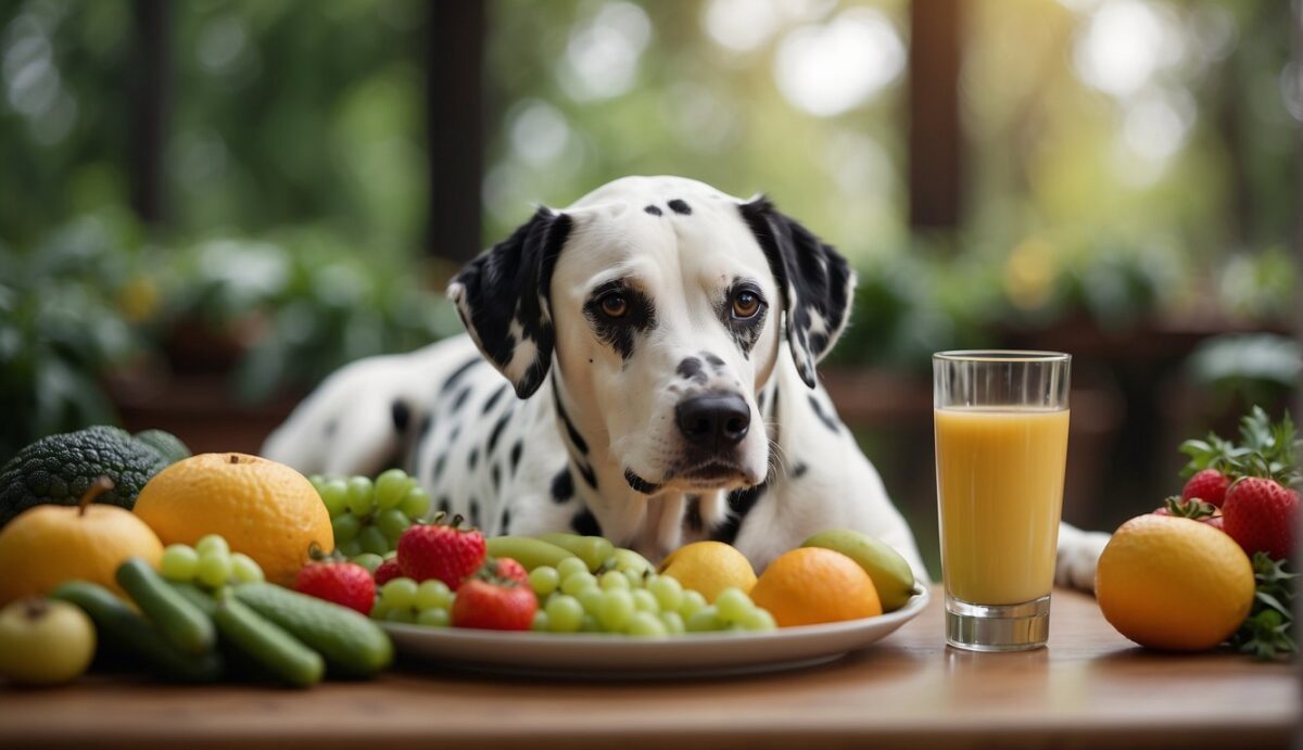 A Dalmatian dog eating a balanced meal with a focus on digestive health, surrounded by fresh fruits, vegetables, and lean protein sources