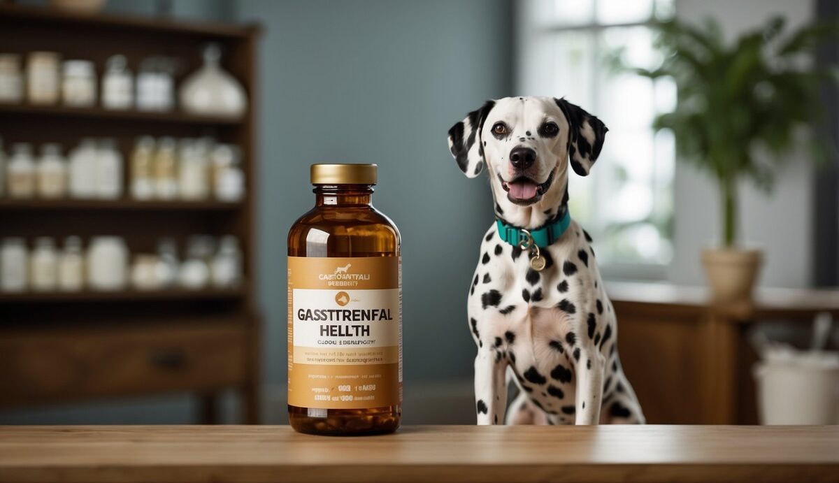A Dalmatian dog stands beside a bottle of dietary supplements labeled "Gastrointestinal Health." The dog looks healthy and happy, with a wagging tail and bright eyes