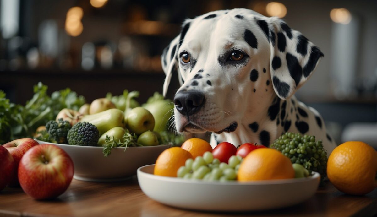 A Dalmatian dog happily eating a balanced meal surrounded by fresh fruits and vegetables, with a clear water bowl nearby
