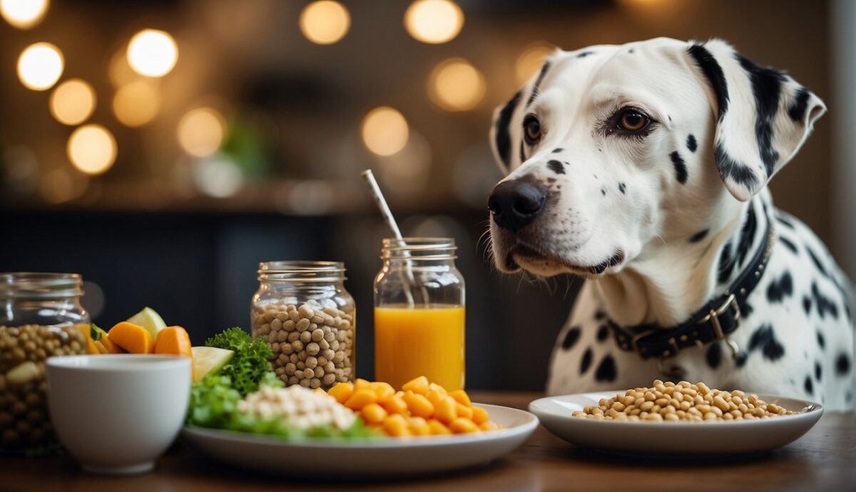 A Dalmatian with a shiny coat and bright eyes, happily eating a balanced meal with digestive supplements, surrounded by a variety of healthy food options