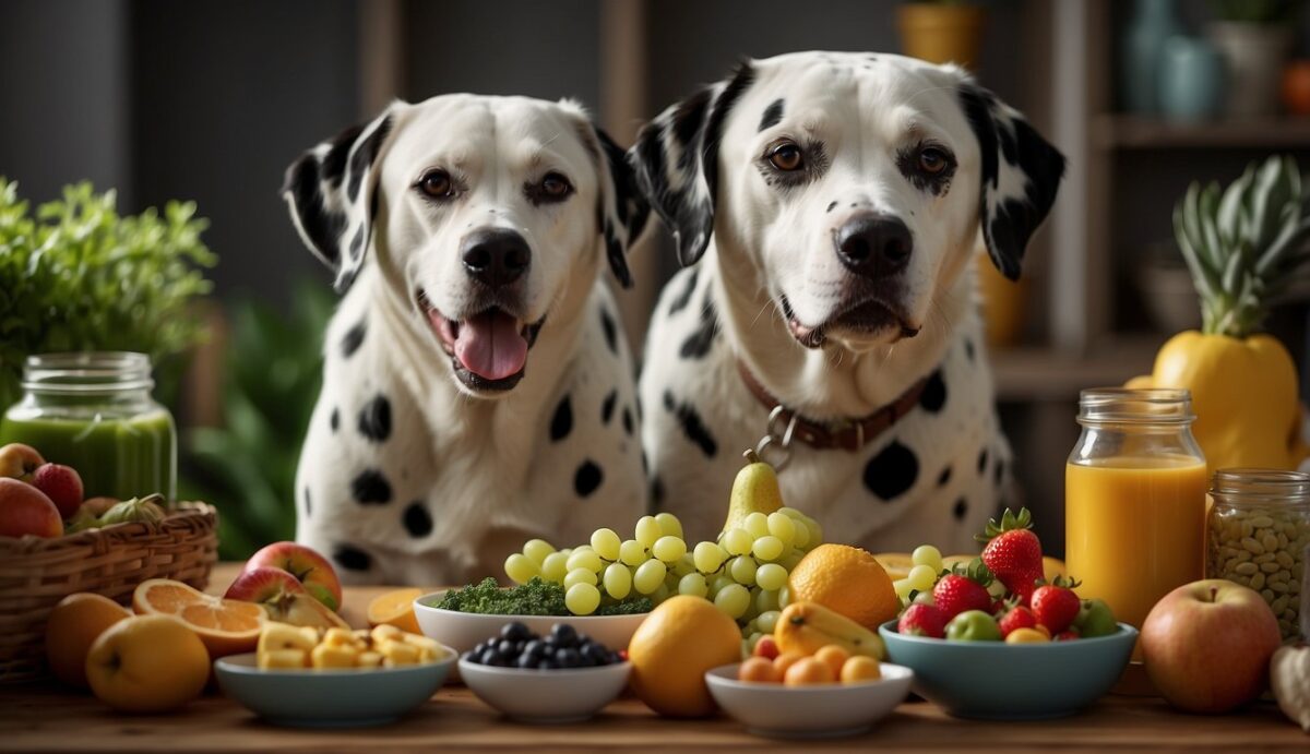 A Dalmatian happily eating a balanced meal with digestive supplements, surrounded by a variety of dog-friendly fruits and vegetables