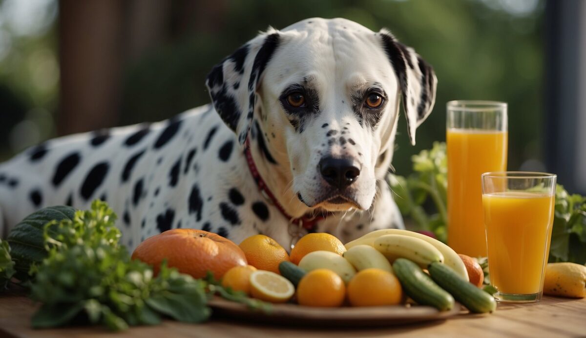 A Dalmatian dog with a shiny coat eats a balanced meal with natural supplements, surrounded by fresh fruits and vegetables, and drinks plenty of water