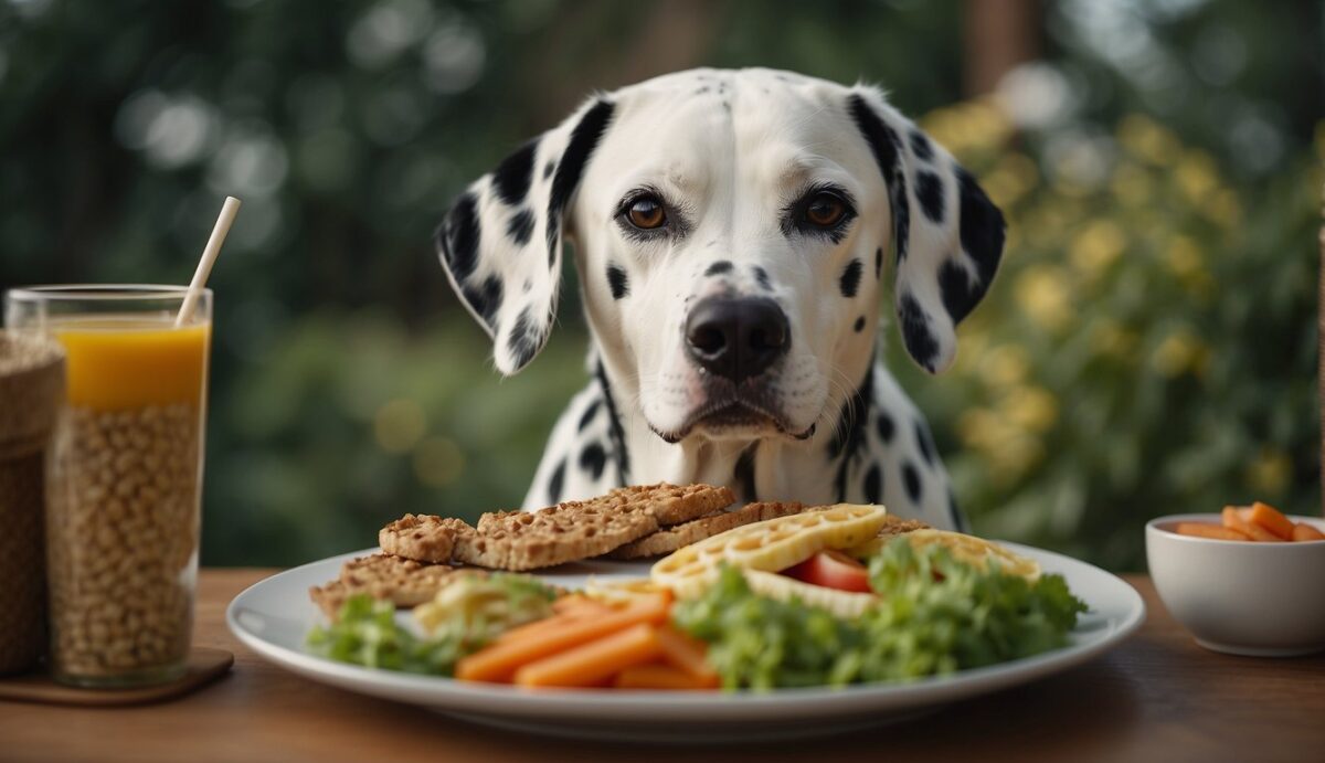 A Dalmatian happily eats a balanced meal with a variety of digestive-friendly foods in a peaceful and comfortable environment
