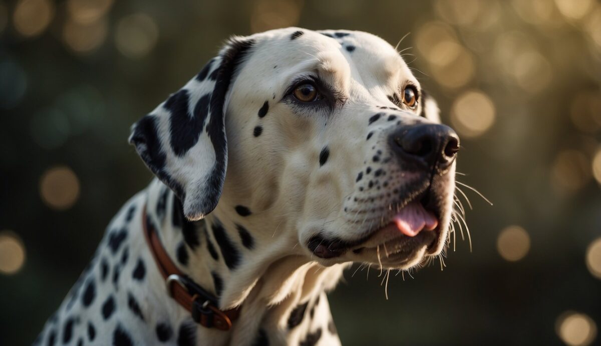 A Dalmatian sits with labored breathing, nostrils flared, and chest heaving. Its tongue may be extended, and it may be coughing or wheezing